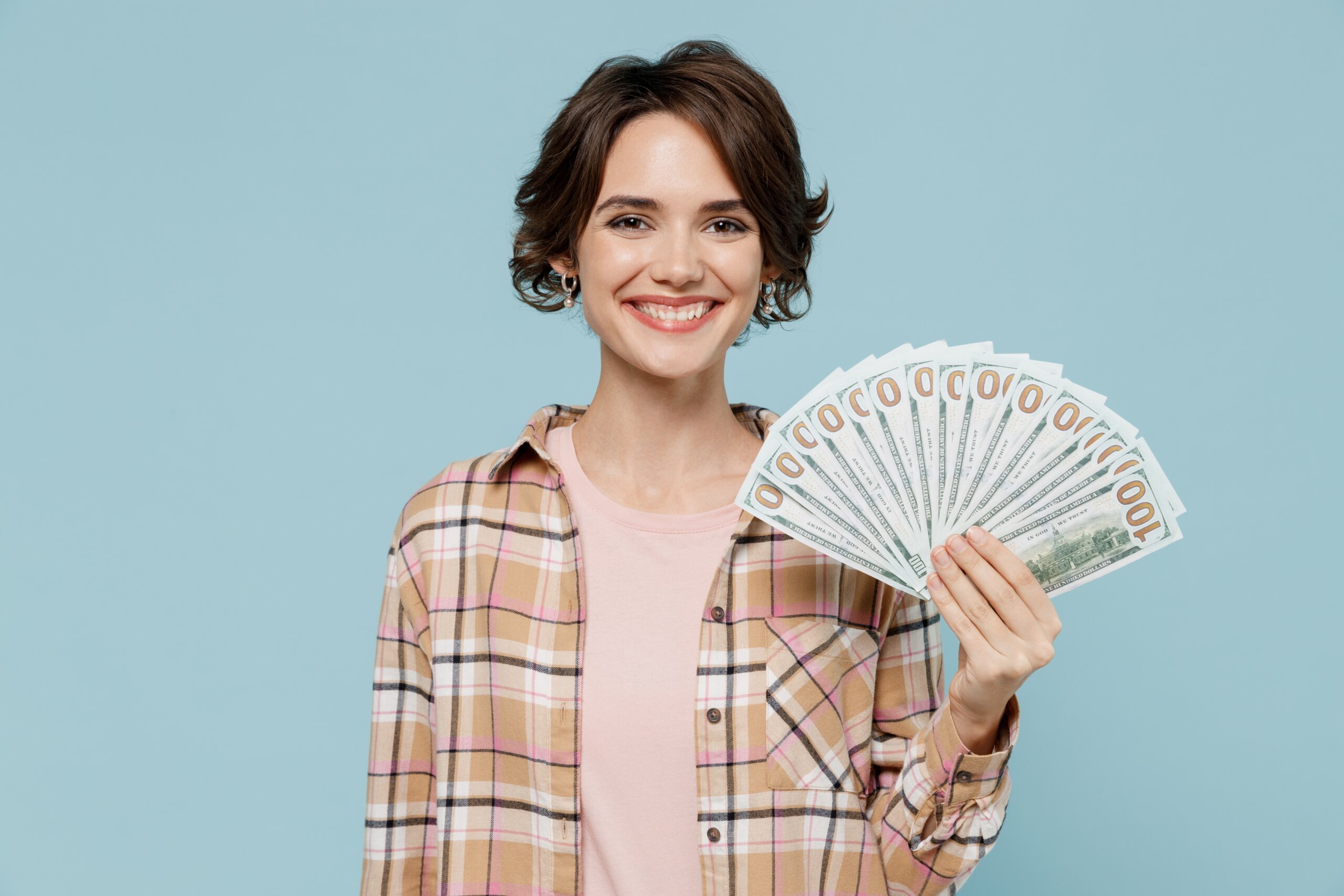 Young,Smiling,Happy,Woman,20s,Wearing,Casual,Brown,Shirt,Holding